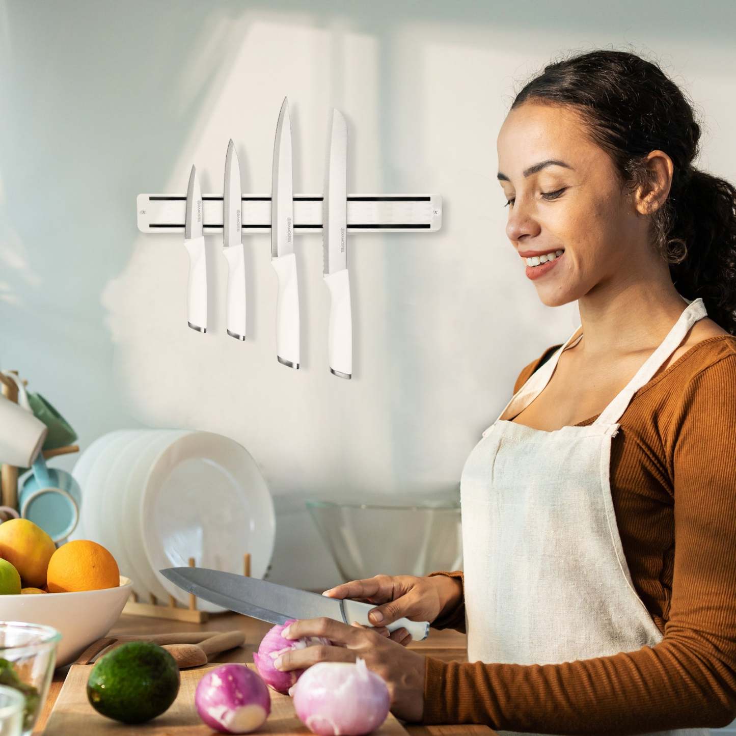 Diamosteel Kitchen Knife Set, 6PCS Knives Set for Kitchen with Knife Magnetic Strip, High Carbon Stainless Steel Chef Knife Set with Magnetic Knife Holder for Wall - White