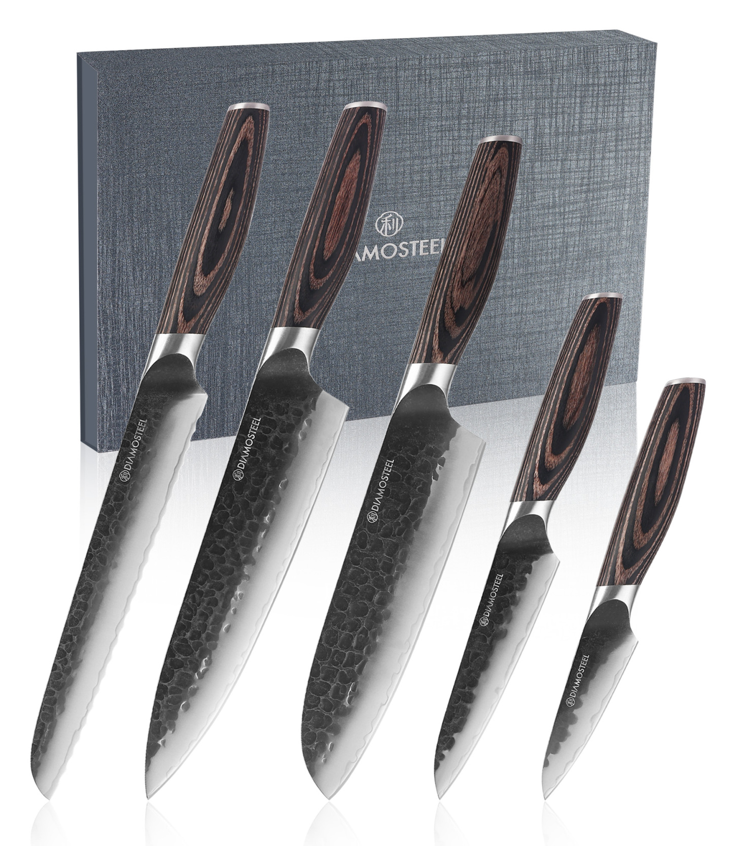 Diamosteel Knife Set - 5 Pieces Knives Set for Kitchen High Carbon 9CR18MOV Steel, Hammered Black Oxide Blade & Pakkawood Handle - Profession Chef Knife Set Elegant Holiday Gift for Chefs