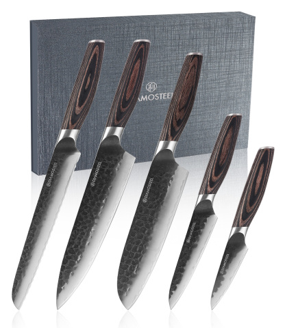 Diamosteel Knife Set - 5 Pieces Knives Set for Kitchen High Carbon 9CR18MOV Steel, Hammered Black Oxide Blade & Pakkawood Handle - Profession Chef Knife Set Elegant Holiday Gift for Chefs