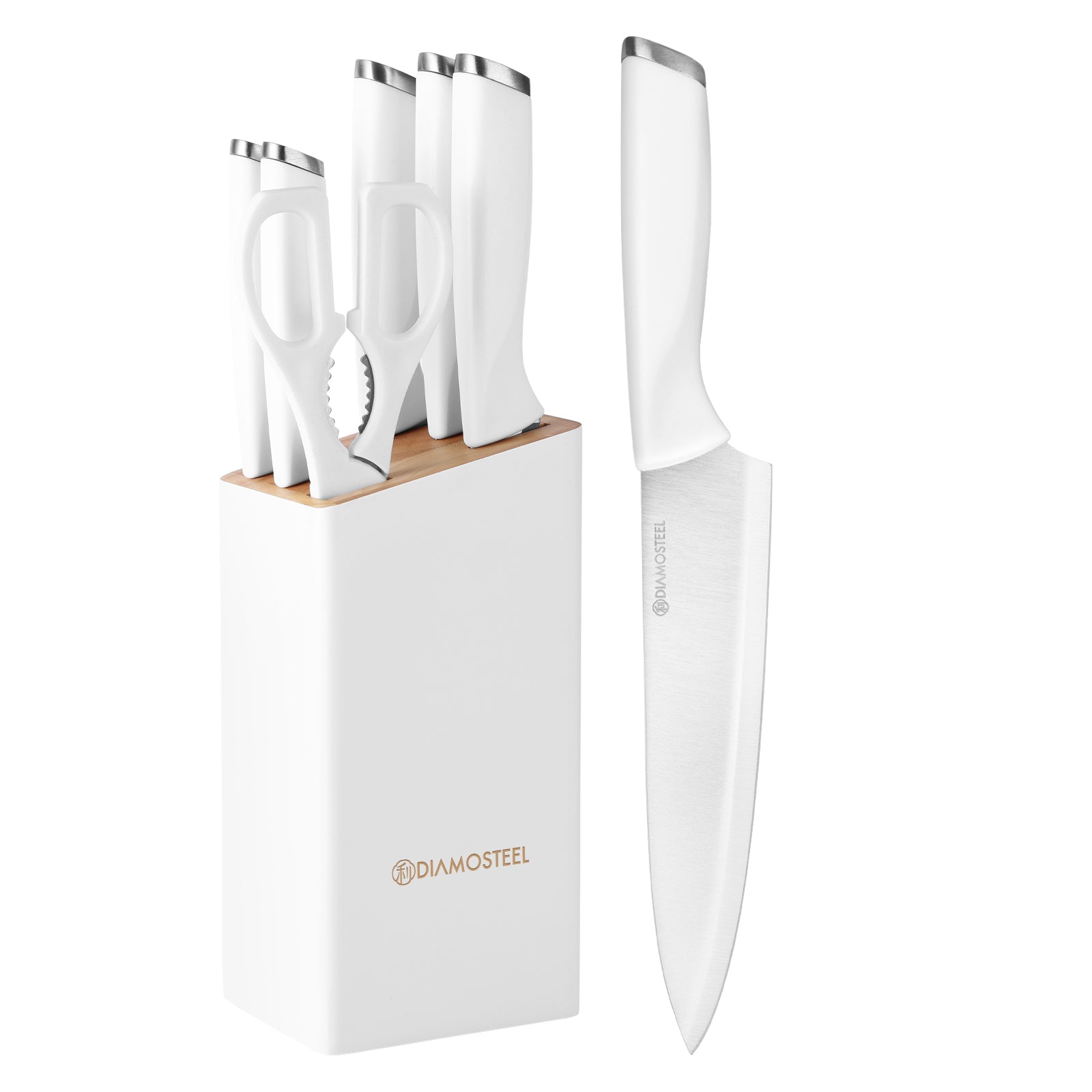 White Knife Set with Block, 7 Pieces Sharp Knife Block Set with Stainless Steel Blade and Ergonomic Handle, Chef, Slicing, Bread, Utility, Paring Knife, Kitchen Scissors and Wooden Block
