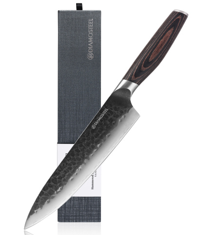 Diamosteel Chef Knife - 8-Inch Professional Kitchen Knife - Hammered Black Oxide Blade Japanese 9CR18MOV High Carbon Stainless Steel Sharp Gyuto Knife - Ergonomic Pakkawood Handle with Present Box