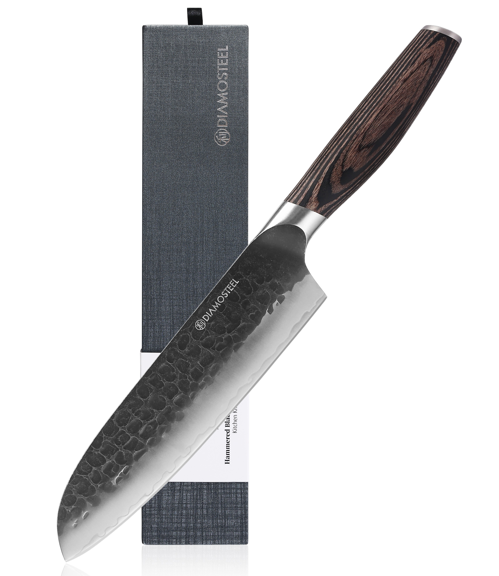 Diamosteel Santoku Knife - 7-Inch Professional Kitchen Knife - Hammered Black Oxide Blade Japanese 9CR18MOV High Carbon Stainless Steel Sharp Chef Knife - Ergonomic Pakkawood Handle with Present Box