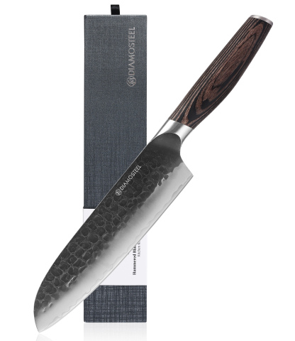 Diamosteel Santoku Knife - 7-Inch Professional Kitchen Knife - Hammered Black Oxide Blade Japanese 9CR18MOV High Carbon Stainless Steel Sharp Chef Knife - Ergonomic Pakkawood Handle with Present Box