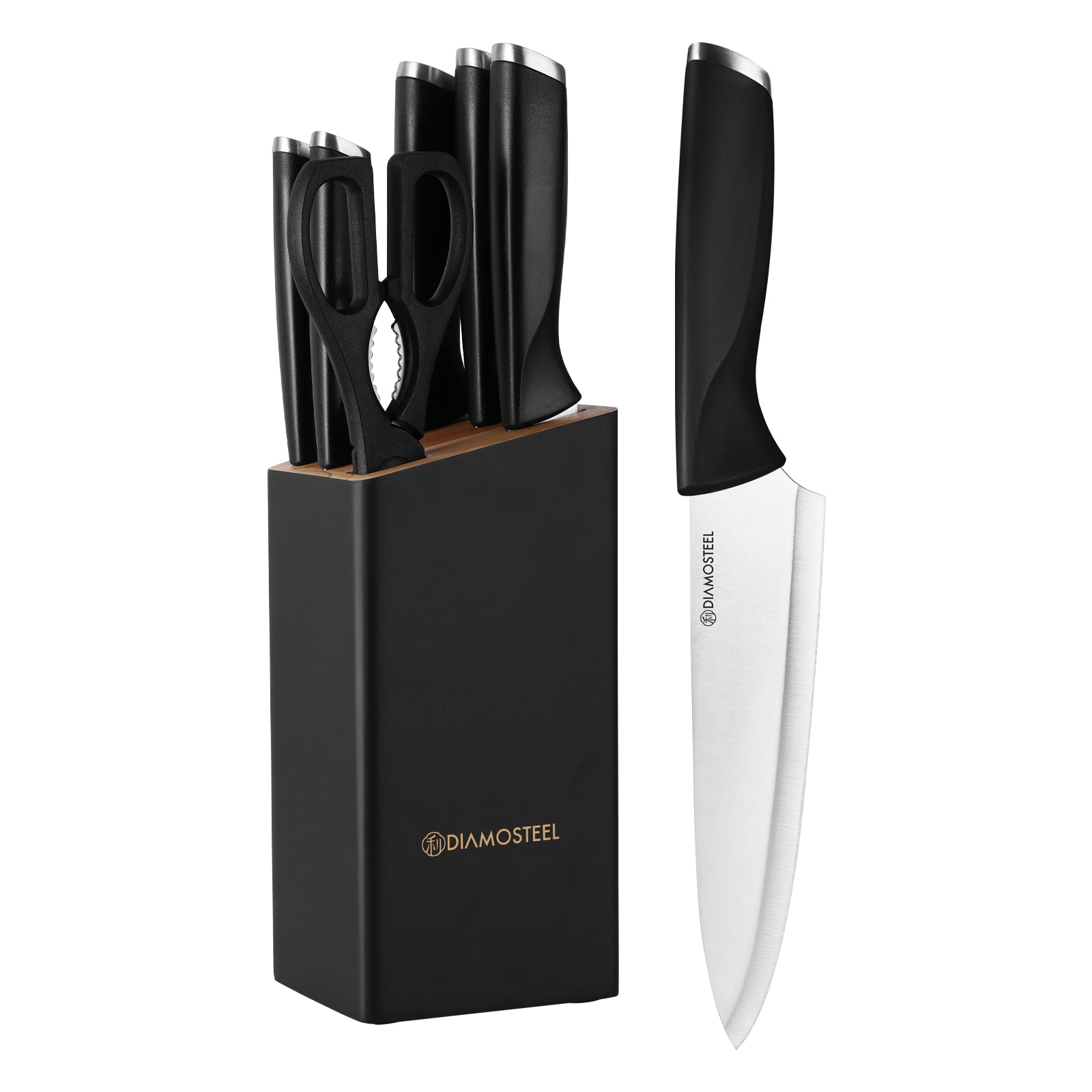 Black Knife Set with Block, 7 Pieces Sharp Knife Block Set with Stainless Steel Blade and Ergonomic Handle, Chef, Slicing, Bread, Utility, Paring Knife, Kitchen Scissors and Wooden Block