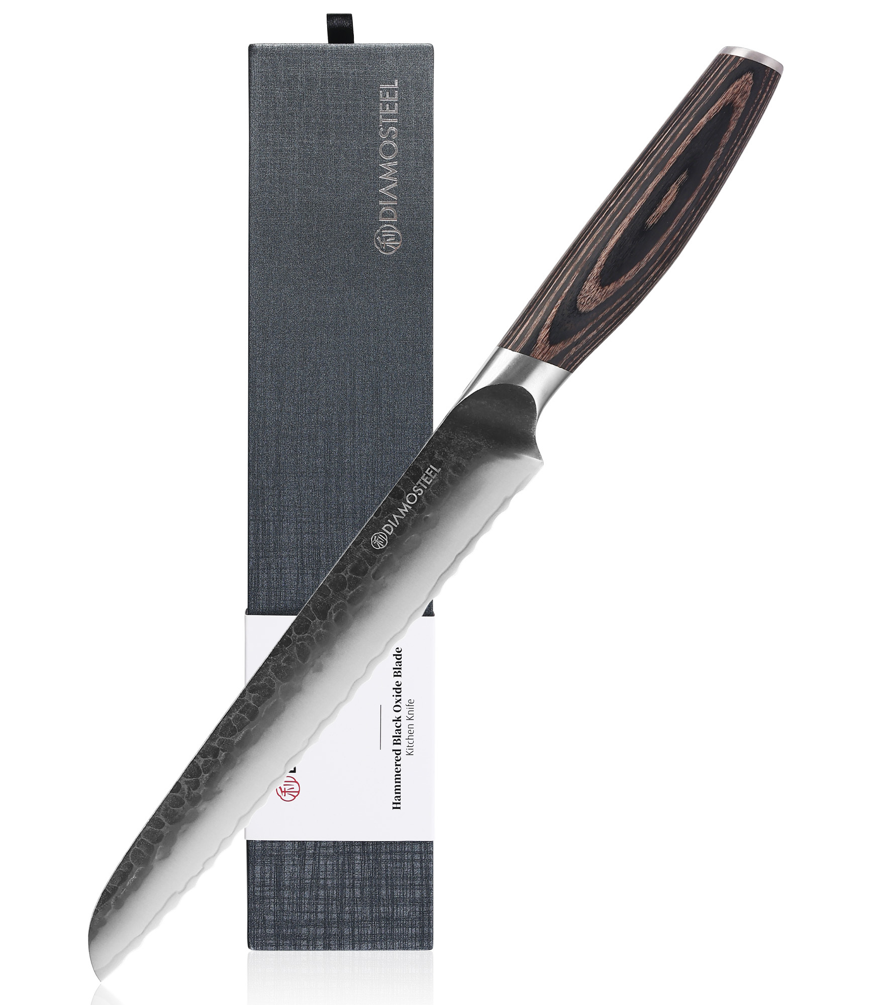 Diamosteel Bread Knife - 8-Inch Serrated Bread Knife - Hammered Black Oxide Blade Japanese 9CR18MOV High Carbon Stainless Steel Sharp Bread Cutter Knife - Ergonomic Pakkawood Handle with Present Box