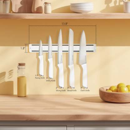 Diamosteel Kitchen Knife Set, 6PCS Knives Set for Kitchen with Knife Magnetic Strip, High Carbon Stainless Steel Chef Knife Set with Magnetic Knife Holder for Wall - White