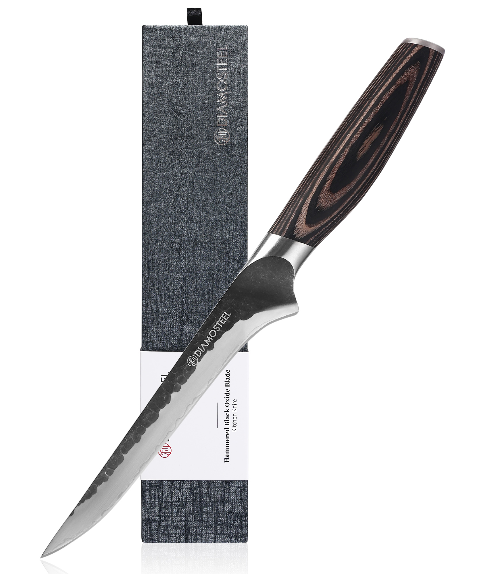 Diamosteel 6.5-Inch Boning Knife - Sharp Fillet Knife Hammered Black Oxide Blade Japanese 9CR18MOV High Carbon Stainless Steel - Ergonomic Pakkawood Handle with Present Box