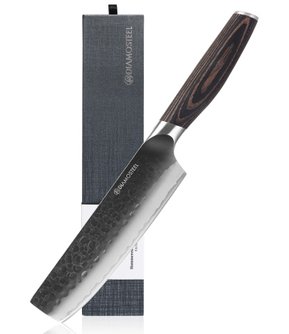 Diamosteel Nakiri Knife - 6.5-Inch Professional Kitchen Knife - Hammered Black Oxide Blade Japanese 9CR18MOV High Carbon Stainless Steel Sharp Chef's Knife - Ergonomic Pakkawood Handle with Present Box