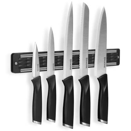 Diamosteel Kitchen Knife Set, 6PCS Knives Set for Kitchen with Knife Magnetic Strip, High Carbon Stainless Steel Chef Knife Set with Magnetic Knife Holder for Wall - Black