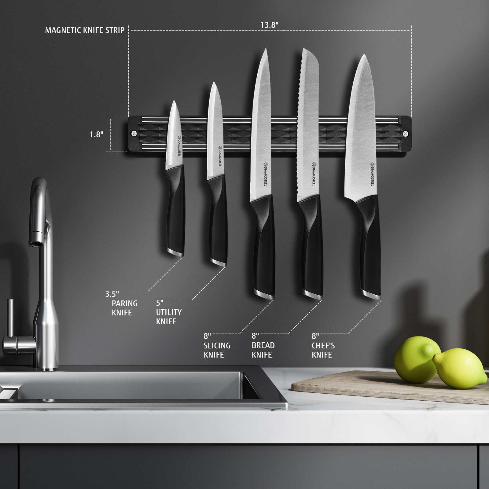 Diamosteel Kitchen Knife Set, 6PCS Knives Set for Kitchen with Knife Magnetic Strip, High Carbon Stainless Steel Chef Knife Set with Magnetic Knife Holder for Wall - Black