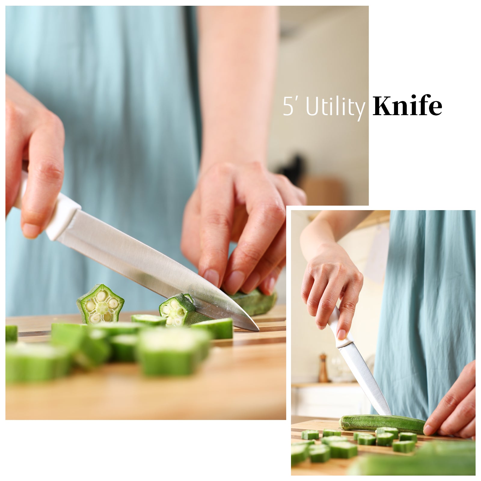White Knife Set with Block, 7 Pieces Sharp Knife Block Set with Stainless Steel Blade and Ergonomic Handle, Chef, Slicing, Bread, Utility, Paring Knife, Kitchen Scissors and Wooden Block