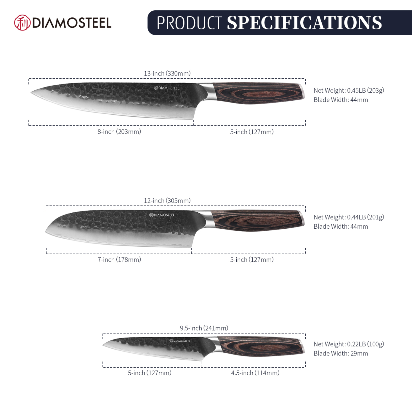 Diamosteel Kitchen Knife Set - 3 Pieces Knives Set for Kitchen High Carbon 9CR18MOV Steel, Hammered Black Oxide Blade & Pakkawood Handle - Profession Chef Knife Set Elegant Holiday Gift for Chefs