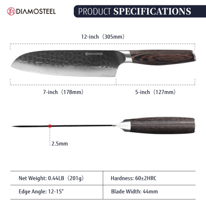 Diamosteel Santoku Knife - 7-Inch Professional Kitchen Knife - Hammered Black Oxide Blade Japanese 9CR18MOV High Carbon Stainless Steel Sharp Chef Knife - Ergonomic Pakkawood Handle with Present Box