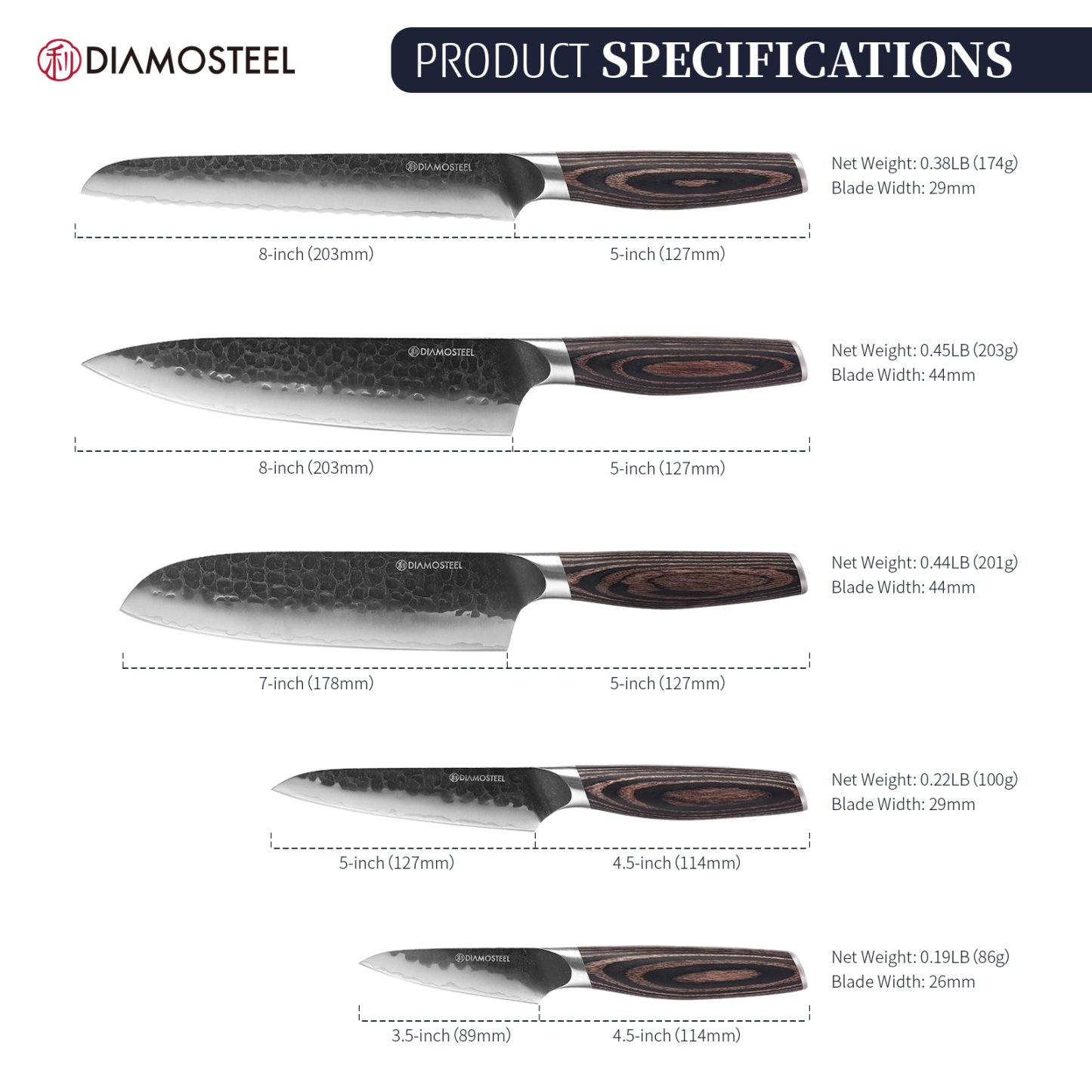 Diamosteel Knife Set - 5 Pieces Knives Set for Kitchen High Carbon 9CR18MOV Steel, Hammered Black Oxide Blade & Pakkawood Handle - Profession Chef Knife Set Elegant Holiday Gift for Chefs