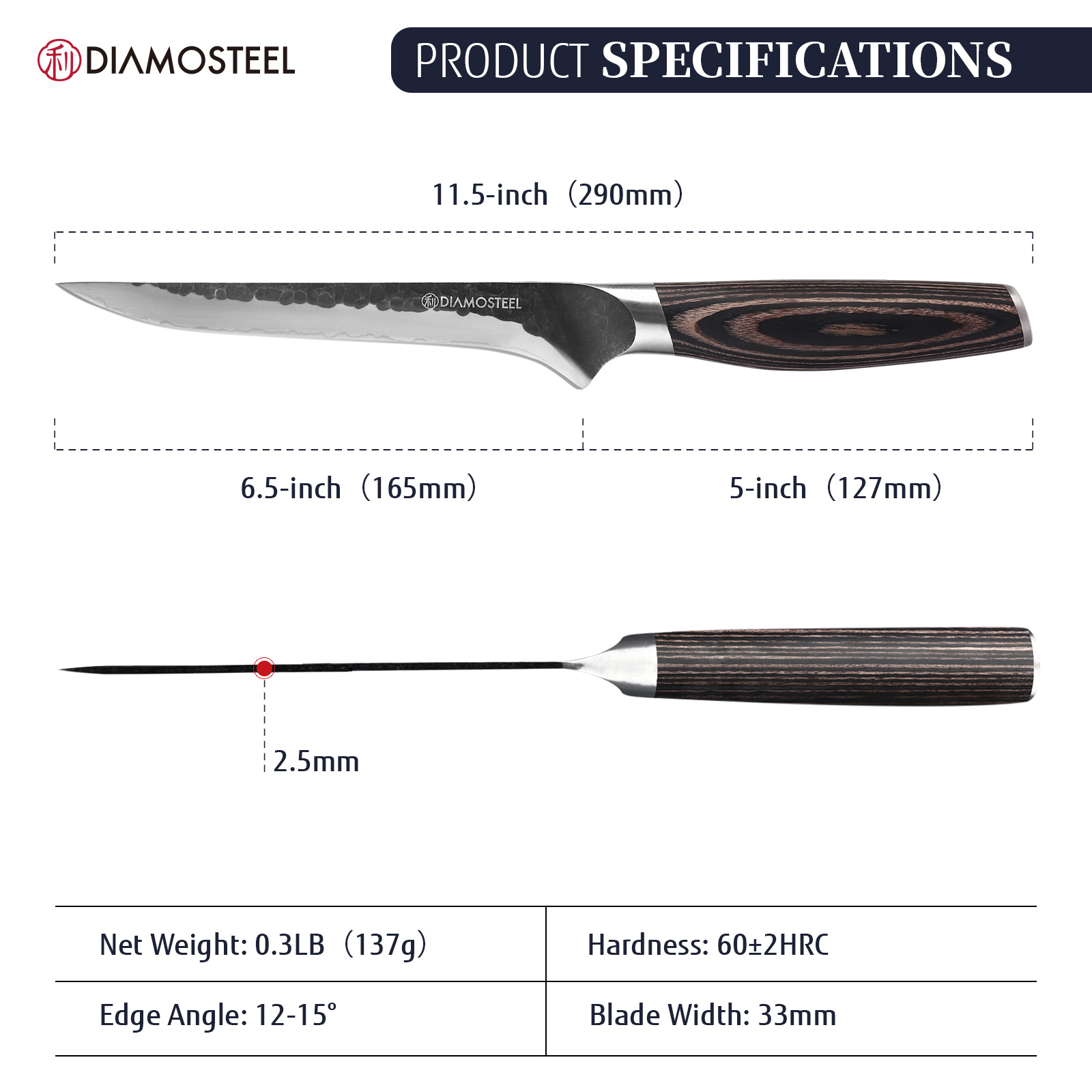 Diamosteel 6.5-Inch Boning Knife - Sharp Fillet Knife Hammered Black Oxide Blade Japanese 9CR18MOV High Carbon Stainless Steel - Ergonomic Pakkawood Handle with Present Box