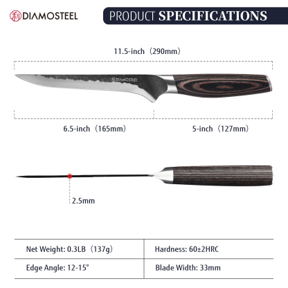 Diamosteel 6.5-Inch Boning Knife - Sharp Fillet Knife Hammered Black Oxide Blade Japanese 9CR18MOV High Carbon Stainless Steel - Ergonomic Pakkawood Handle with Present Box