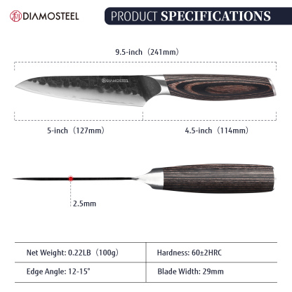 Diamosteel Utility Knife - 5-Inch Professional Kitchen Utility Knife - Hammered Black Oxide Blade Japanese 9CR18MOV High Carbon Stainless Steel - Ergonomic Pakkawood Handle with Present Box