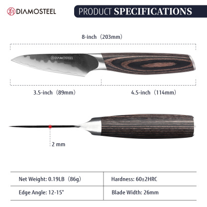 Diamosteel Paring Knife - 3.5-Inch Professional Kitchen Knife - Hammered Black Oxide Blade Japanese 9CR18MOV High Carbon Stainless Steel Sharp fruit Knife - Ergonomic Pakkawood Handle with Present Box