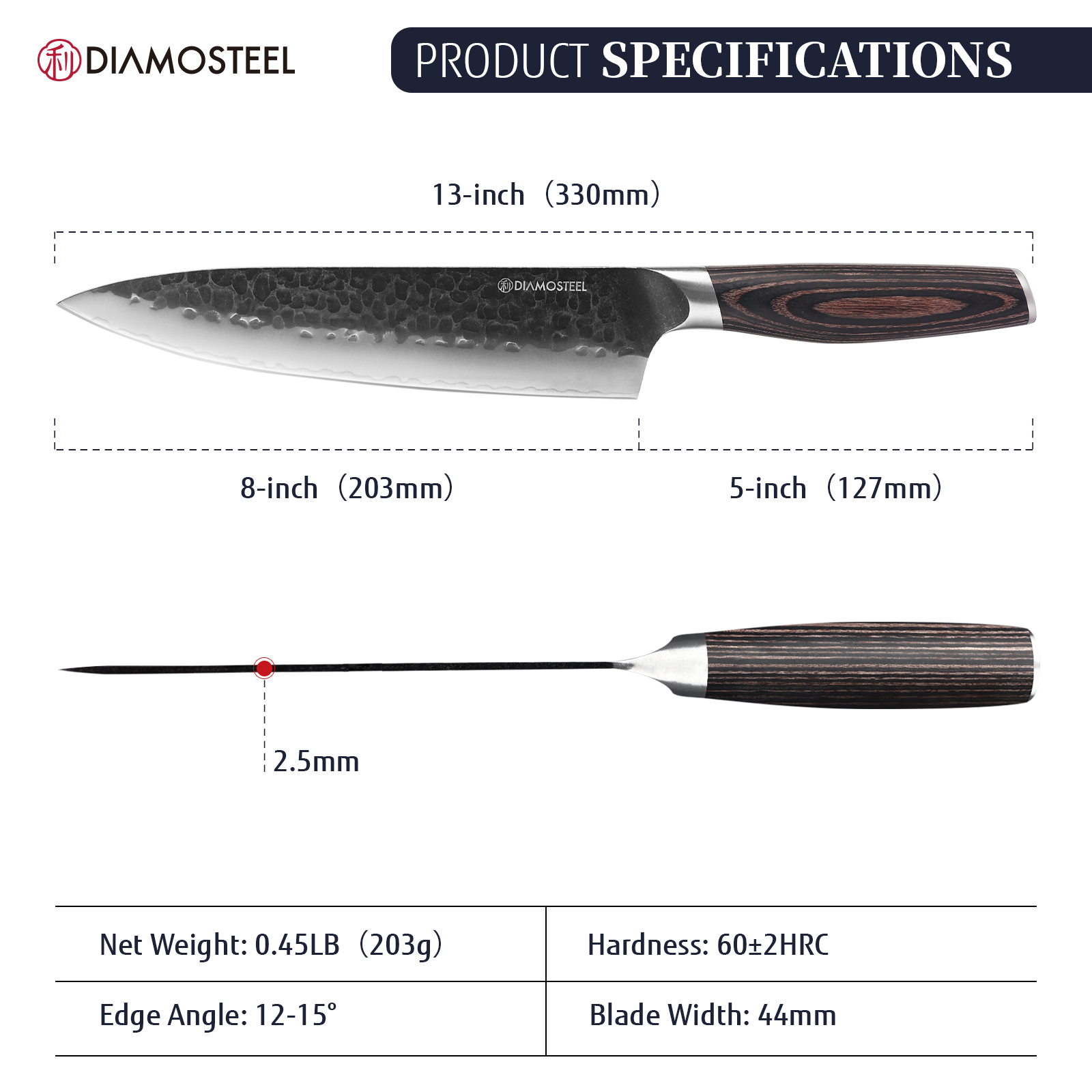 Diamosteel Chef Knife - 8-Inch Professional Kitchen Knife - Hammered Black Oxide Blade Japanese 9CR18MOV High Carbon Stainless Steel Sharp Gyuto Knife - Ergonomic Pakkawood Handle with Present Box