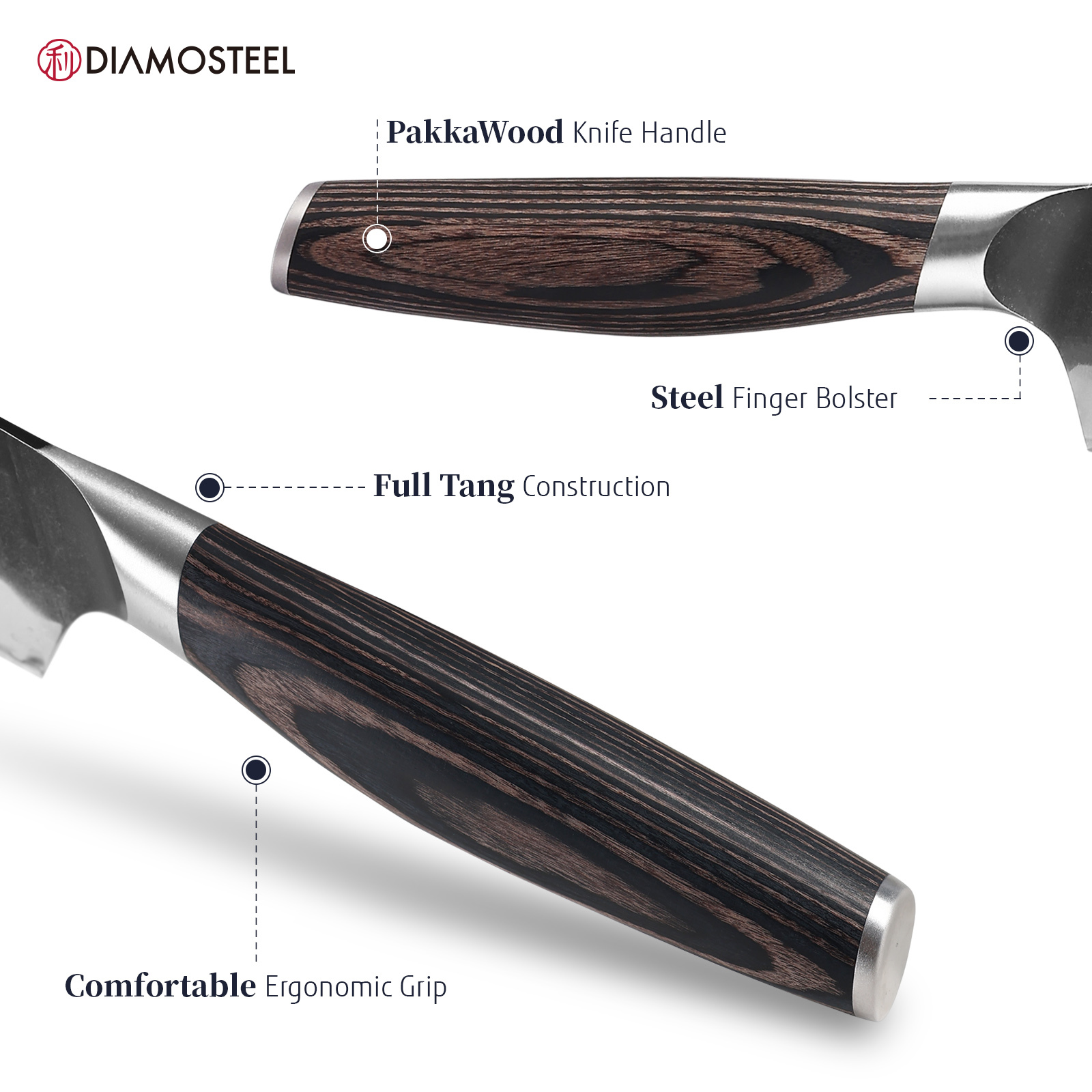 Diamosteel 6.5-Inch Boning Knife - Sharp Fillet Knife Hammered Black Oxide Blade Japanese 9CR18MOV High Carbon Stainless Steel - Ergonomic Pakkawood Handle with Present Box