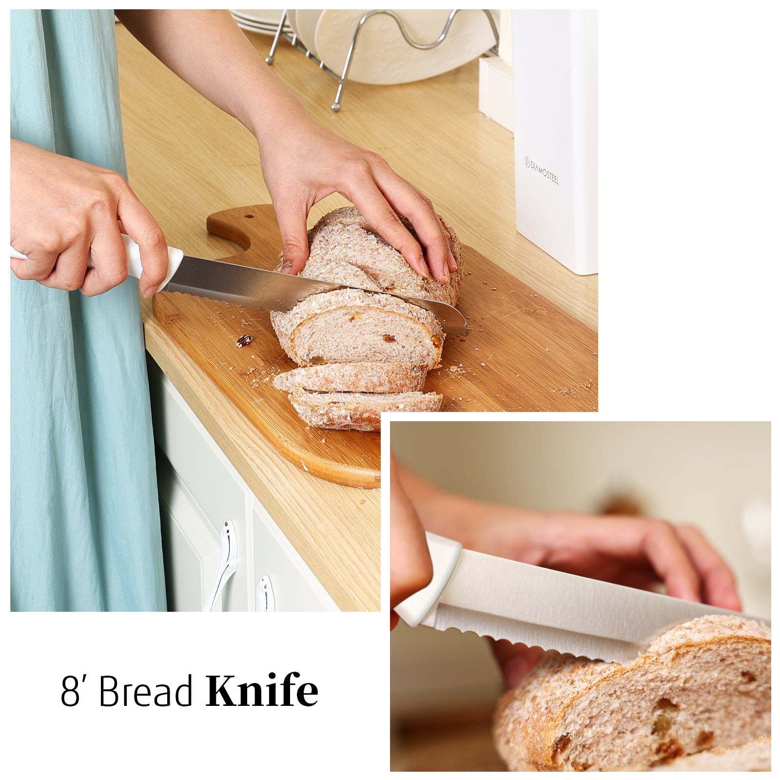 White Knife Set with Block, 7 Pieces Sharp Knife Block Set with Stainless Steel Blade and Ergonomic Handle, Chef, Slicing, Bread, Utility, Paring Knife, Kitchen Scissors and Wooden Block