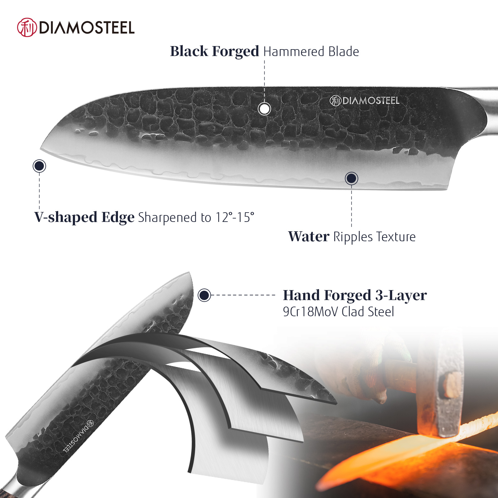 Diamosteel Santoku Knife - 7-Inch Professional Kitchen Knife - Hammered Black Oxide Blade Japanese 9CR18MOV High Carbon Stainless Steel Sharp Chef Knife - Ergonomic Pakkawood Handle with Present Box