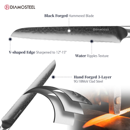 Diamosteel Bread Knife - 8-Inch Serrated Bread Knife - Hammered Black Oxide Blade Japanese 9CR18MOV High Carbon Stainless Steel Sharp Bread Cutter Knife - Ergonomic Pakkawood Handle with Present Box