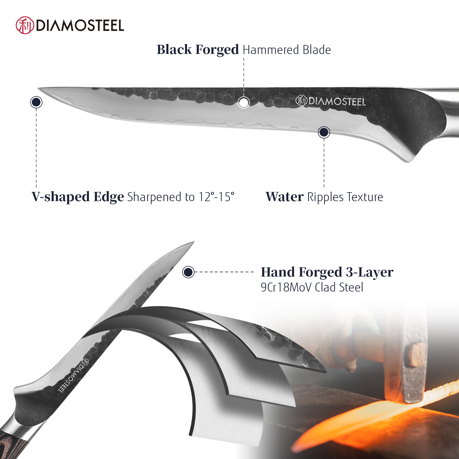 Diamosteel 6.5-Inch Boning Knife - Sharp Fillet Knife Hammered Black Oxide Blade Japanese 9CR18MOV High Carbon Stainless Steel - Ergonomic Pakkawood Handle with Present Box