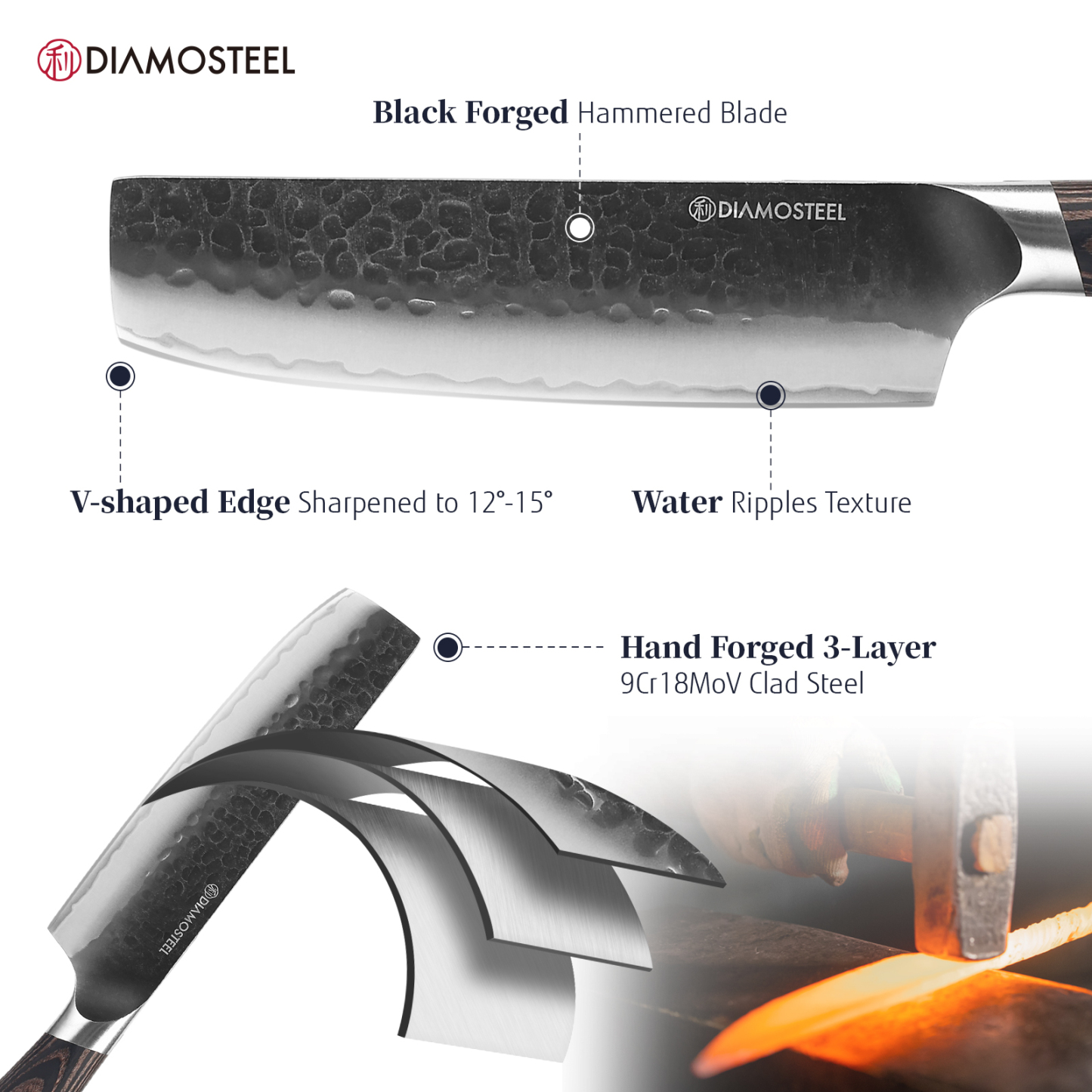 Diamosteel Nakiri Knife - 6.5-Inch Professional Kitchen Knife - Hammered Black Oxide Blade Japanese 9CR18MOV High Carbon Stainless Steel Sharp Chef's Knife - Ergonomic Pakkawood Handle with Present Box