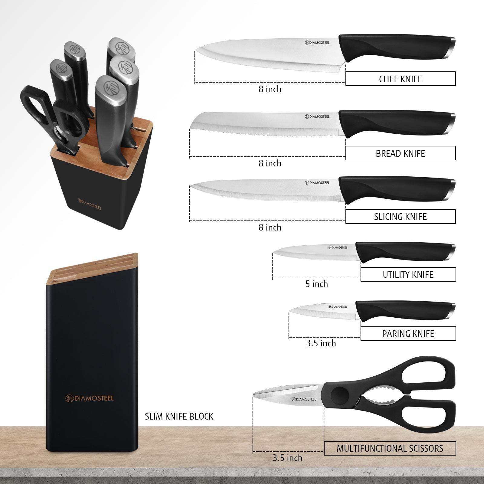 Black Knife Set with Block, 7 Pieces Sharp Knife Block Set with Stainless Steel Blade and Ergonomic Handle, Chef, Slicing, Bread, Utility, Paring Knife, Kitchen Scissors and Wooden Block