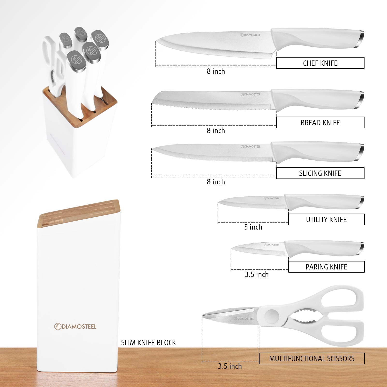 White Knife Set with Block, 7 Pieces Sharp Knife Block Set with Stainless Steel Blade and Ergonomic Handle, Chef, Slicing, Bread, Utility, Paring Knife, Kitchen Scissors and Wooden Block