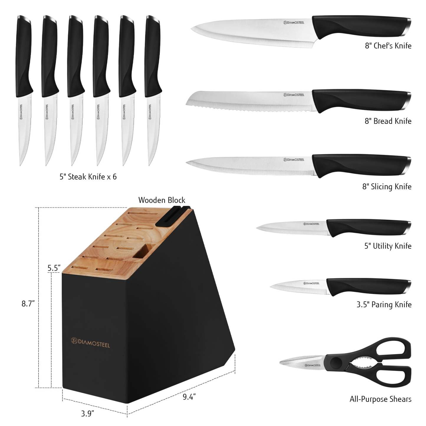 diamosteel 13 Piece Kitchen Knife Set with Block Wooden, Knife Set for Kitchen with Built in Sharpener Scissors, Stainless Steel Knife Set Gift for Mom Dad (Black)