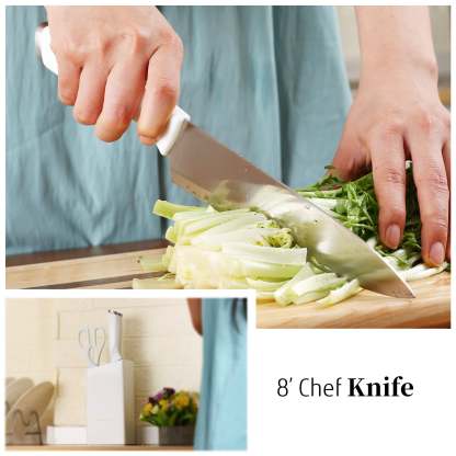 White Knife Set with Block, 7 Pieces Sharp Knife Block Set with Stainless Steel Blade and Ergonomic Handle, Chef, Slicing, Bread, Utility, Paring Knife, Kitchen Scissors and Wooden Block