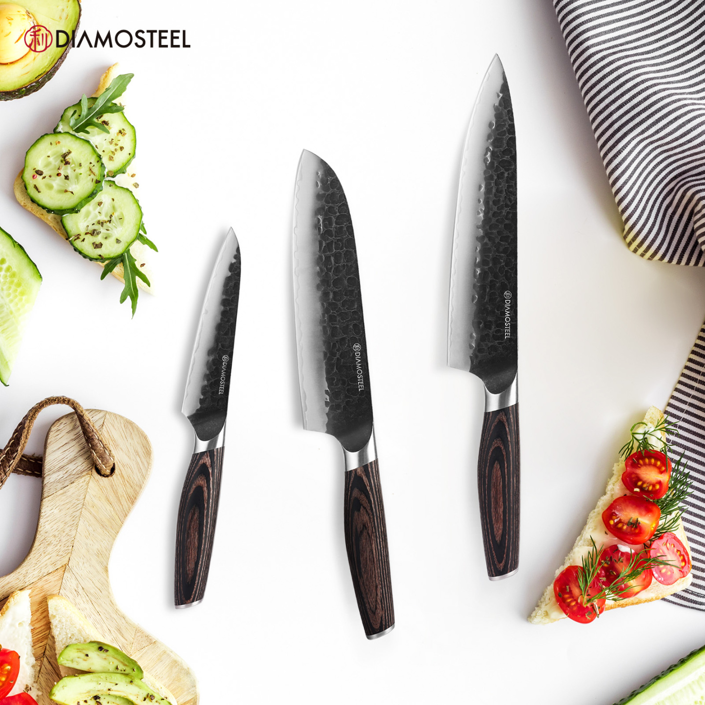 Diamosteel Kitchen Knife Set - 3 Pieces Knives Set for Kitchen High Carbon 9CR18MOV Steel, Hammered Black Oxide Blade & Pakkawood Handle - Profession Chef Knife Set Elegant Holiday Gift for Chefs