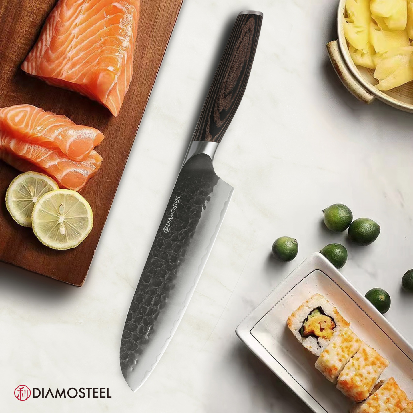 Diamosteel Santoku Knife - 7-Inch Professional Kitchen Knife - Hammered Black Oxide Blade Japanese 9CR18MOV High Carbon Stainless Steel Sharp Chef Knife - Ergonomic Pakkawood Handle with Present Box