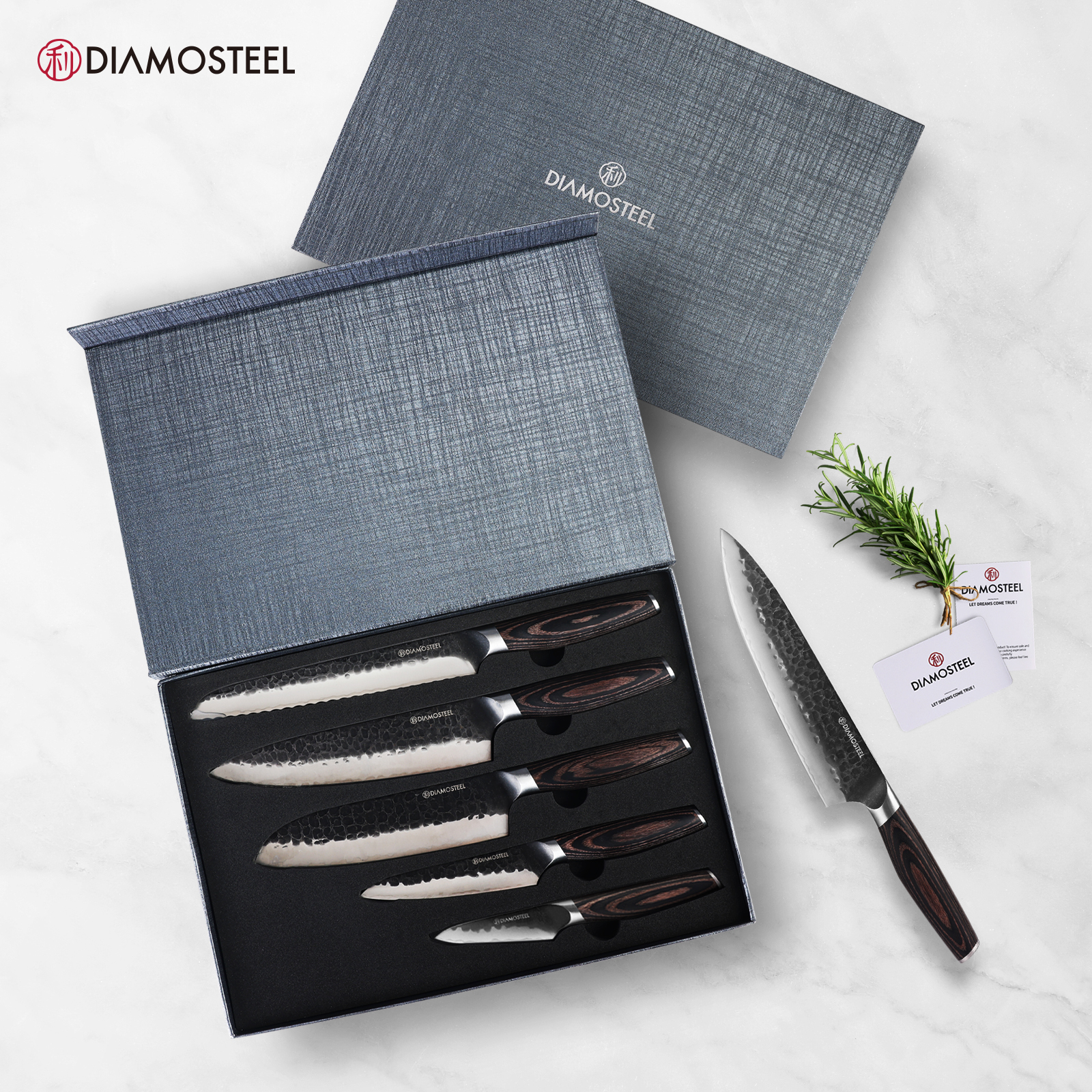 Diamosteel Knife Set - 5 Pieces Knives Set for Kitchen High Carbon 9CR18MOV Steel, Hammered Black Oxide Blade & Pakkawood Handle - Profession Chef Knife Set Elegant Holiday Gift for Chefs