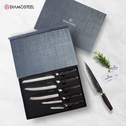Diamosteel Knife Set - 5 Pieces Knives Set for Kitchen High Carbon 9CR18MOV Steel, Hammered Black Oxide Blade & Pakkawood Handle - Profession Chef Knife Set Elegant Holiday Gift for Chefs