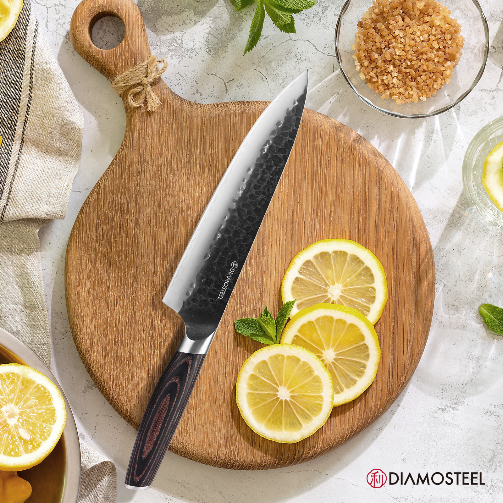 Diamosteel Chef Knife - 8-Inch Professional Kitchen Knife - Hammered Black Oxide Blade Japanese 9CR18MOV High Carbon Stainless Steel Sharp Gyuto Knife - Ergonomic Pakkawood Handle with Present Box