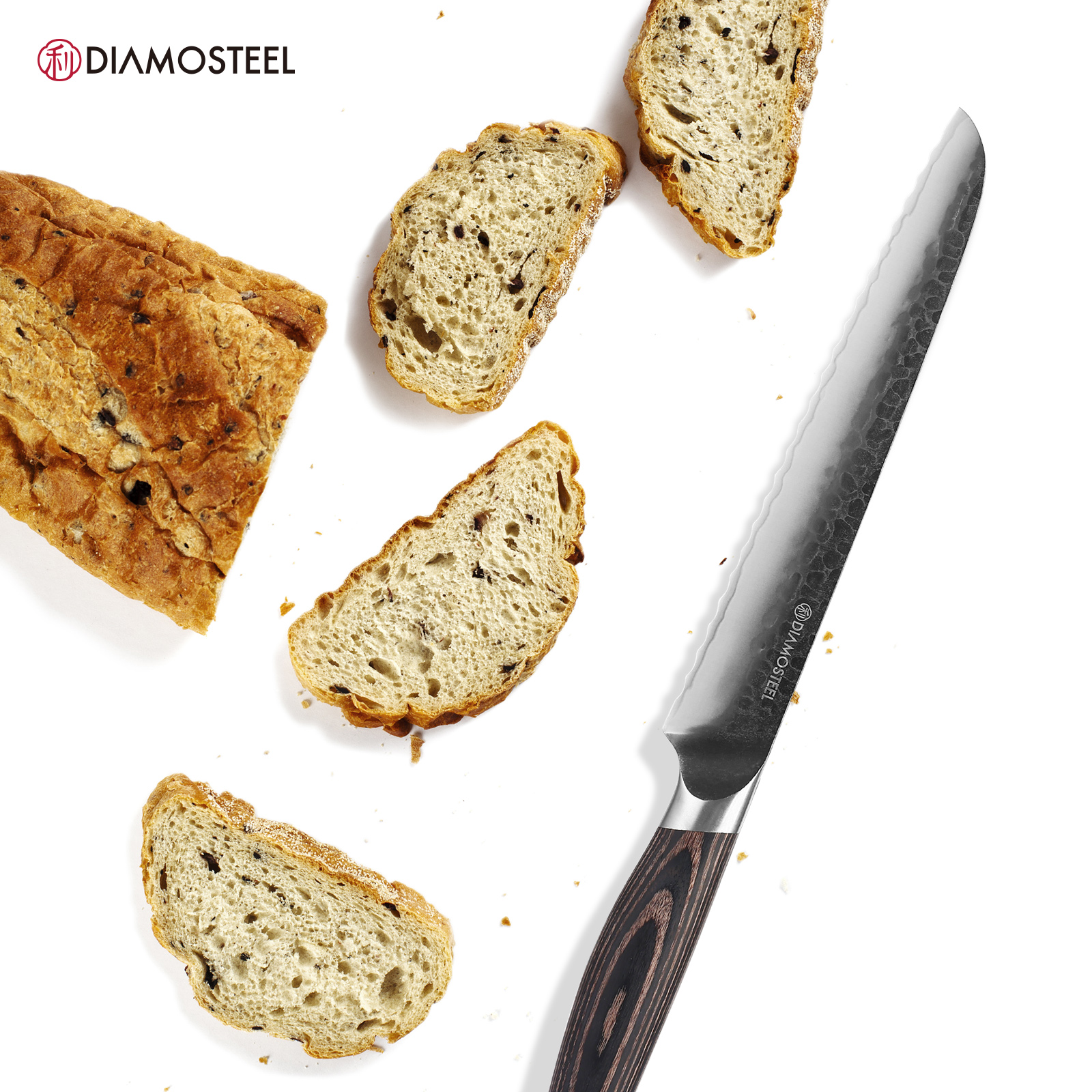 Diamosteel Bread Knife - 8-Inch Serrated Bread Knife - Hammered Black Oxide Blade Japanese 9CR18MOV High Carbon Stainless Steel Sharp Bread Cutter Knife - Ergonomic Pakkawood Handle with Present Box