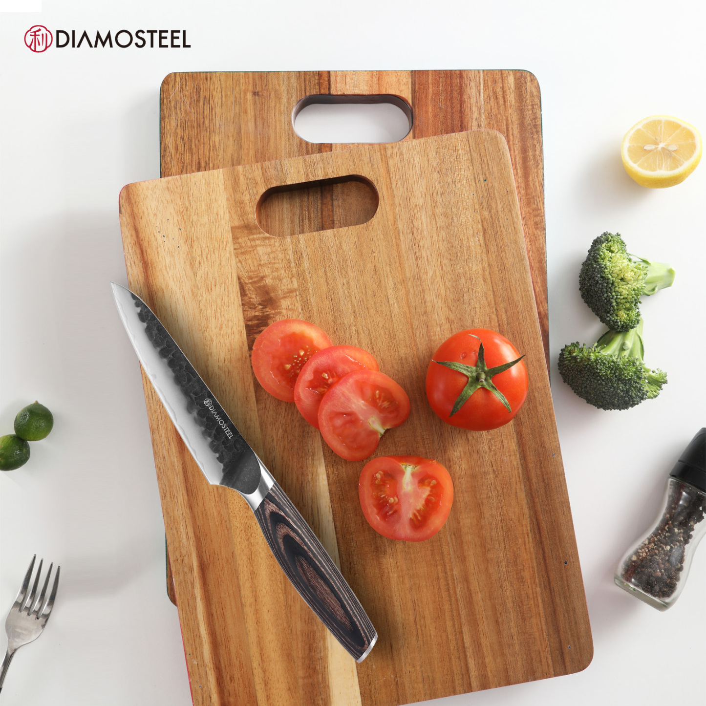 Diamosteel Utility Knife - 5-Inch Professional Kitchen Utility Knife - Hammered Black Oxide Blade Japanese 9CR18MOV High Carbon Stainless Steel - Ergonomic Pakkawood Handle with Present Box