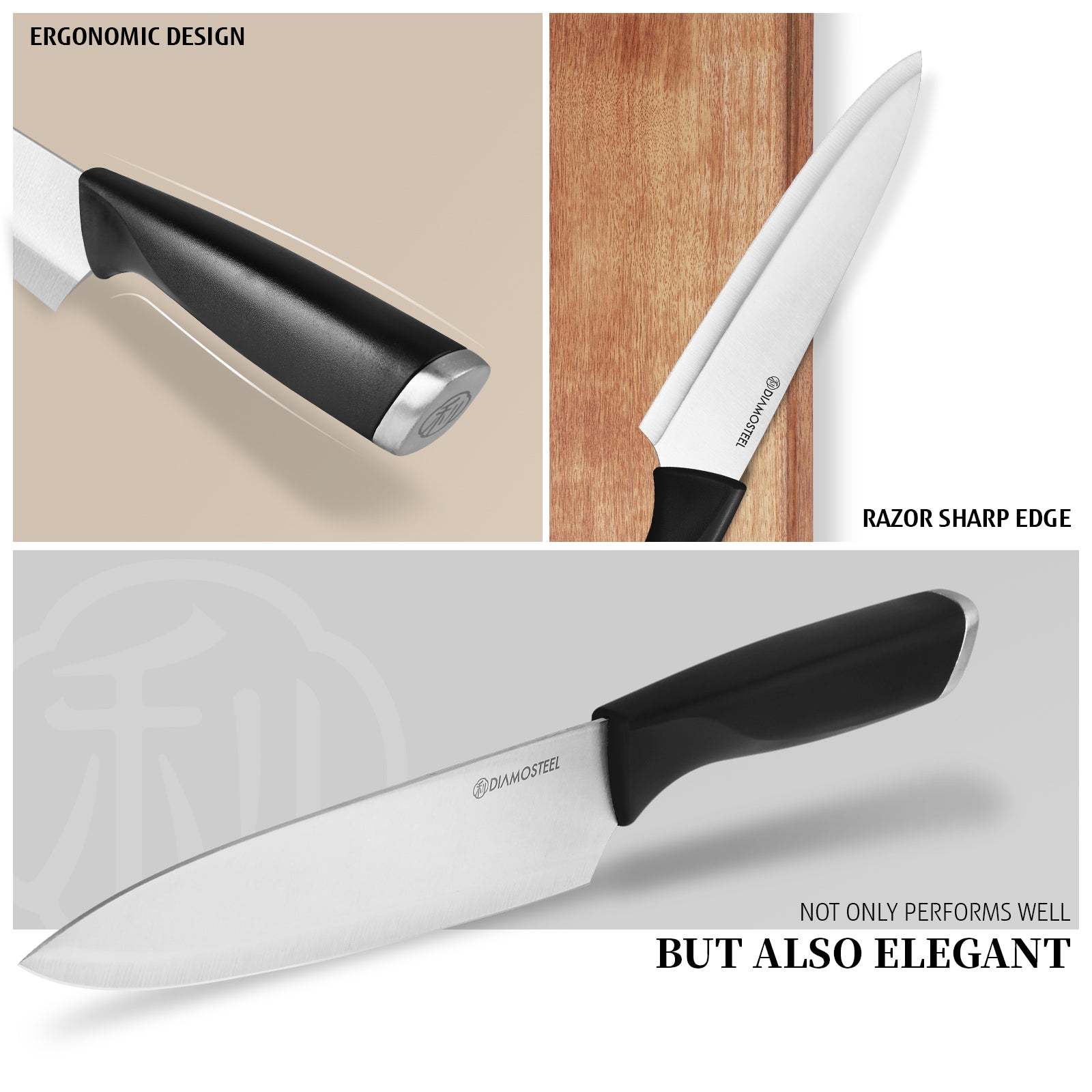 diamosteel 13 Piece Kitchen Knife Set with Block Wooden, Knife Set for Kitchen with Built in Sharpener Scissors, Stainless Steel Knife Set Gift for Mom Dad (Black)