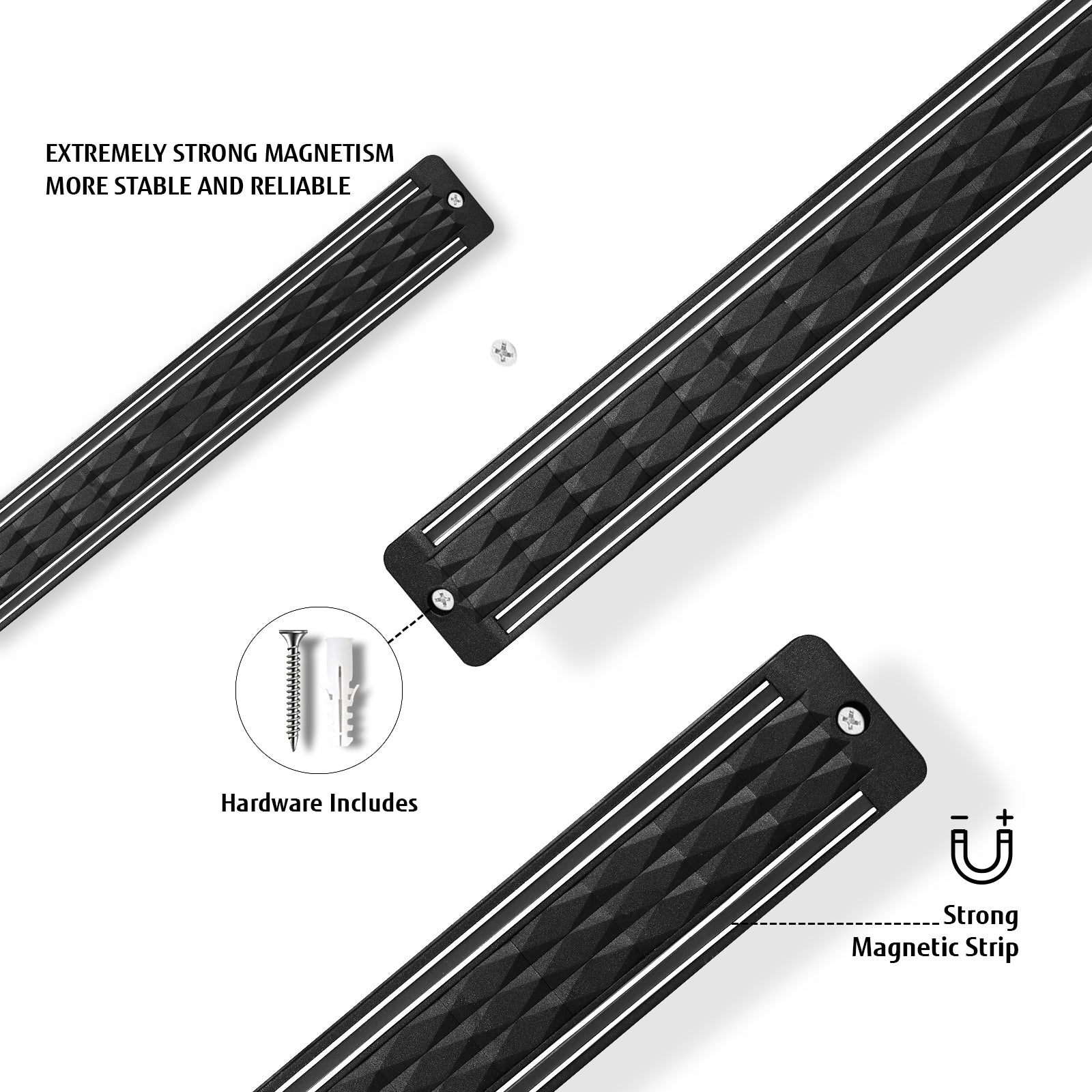 Diamosteel Kitchen Knife Set, 6PCS Knives Set for Kitchen with Knife Magnetic Strip, High Carbon Stainless Steel Chef Knife Set with Magnetic Knife Holder for Wall - Black