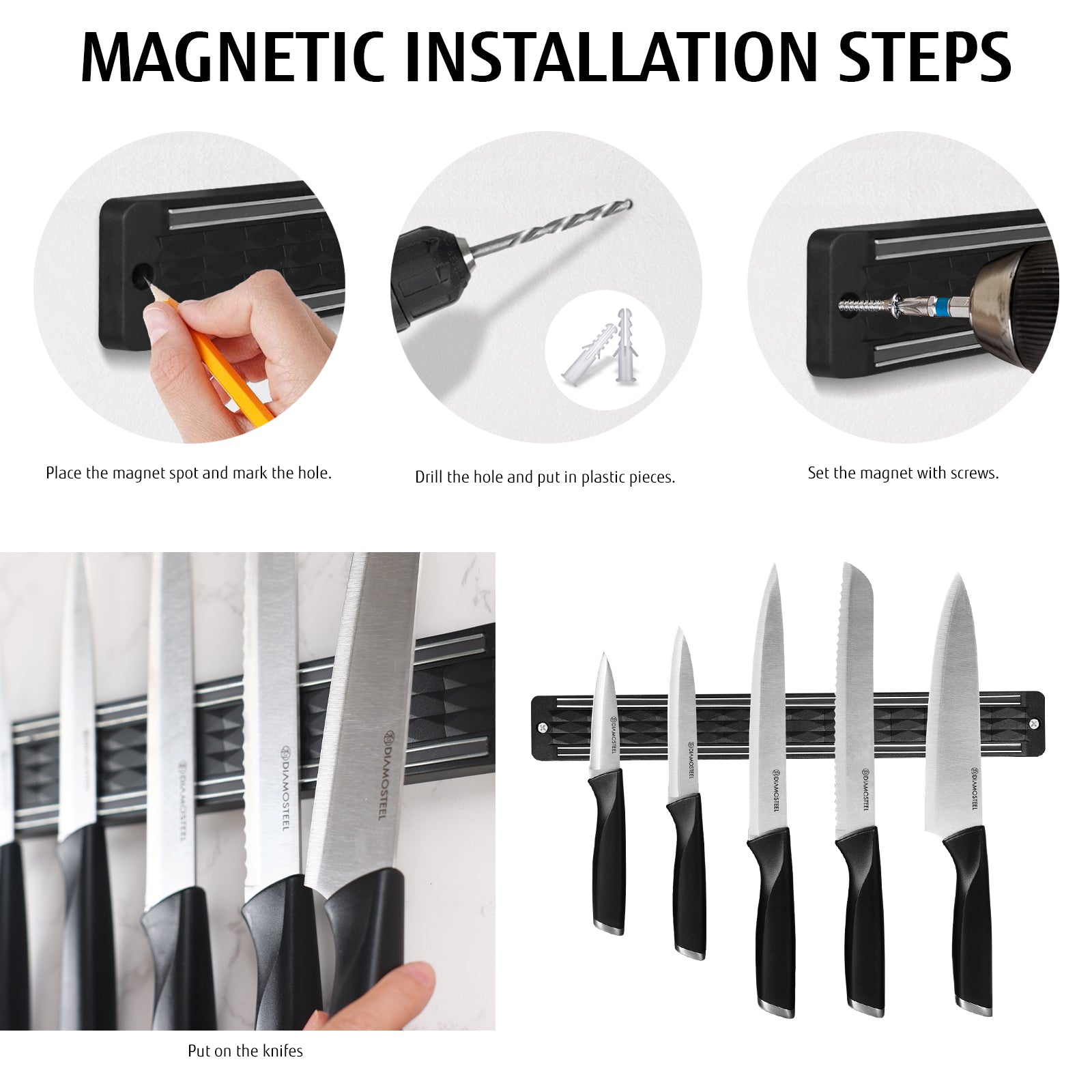 Diamosteel Kitchen Knife Set, 6PCS Knives Set for Kitchen with Knife Magnetic Strip, High Carbon Stainless Steel Chef Knife Set with Magnetic Knife Holder for Wall - Black
