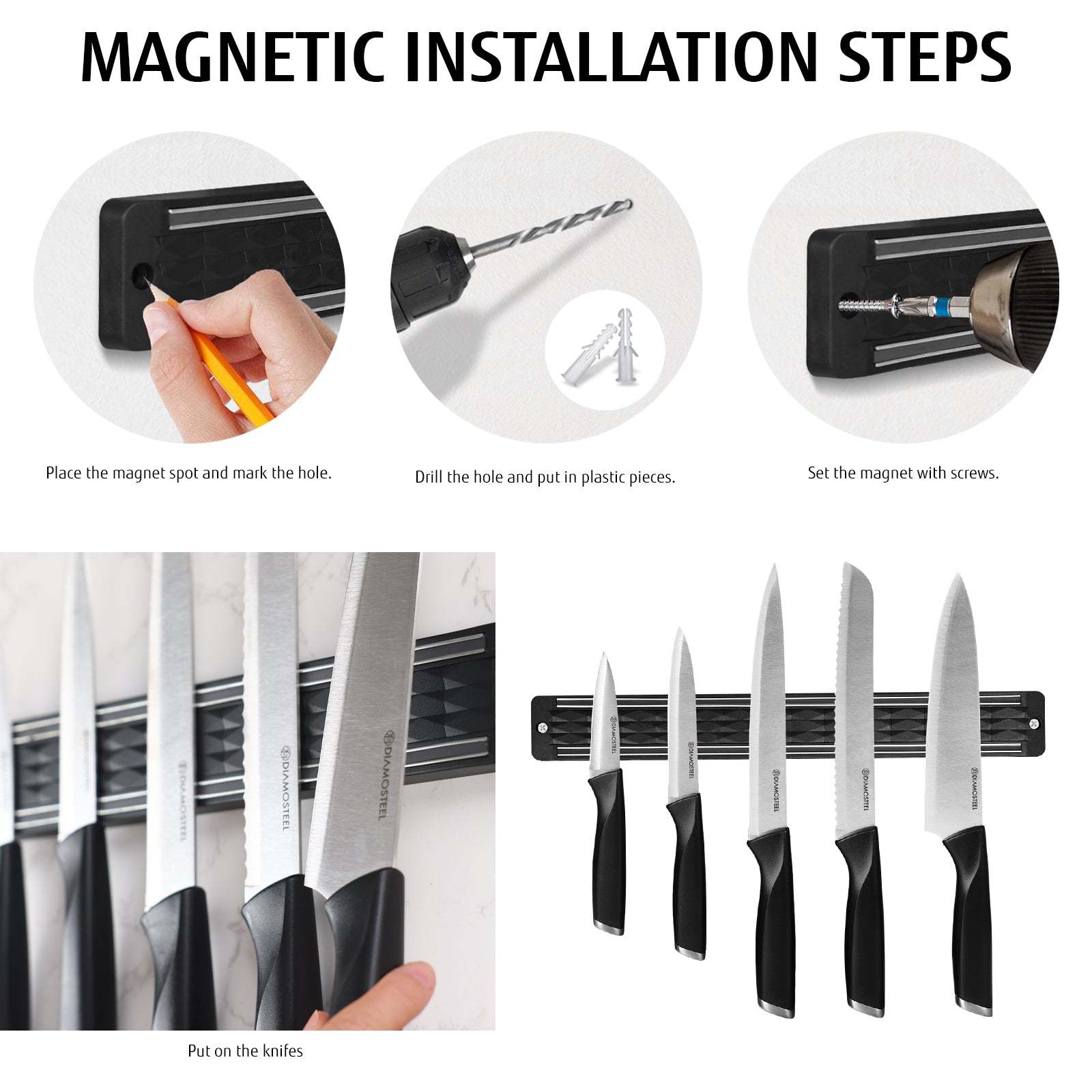 Diamosteel Kitchen Knife Set, 6PCS Knives Set for Kitchen with Knife Magnetic Strip, High Carbon Stainless Steel Chef Knife Set with Magnetic Knife Holder for Wall - Black