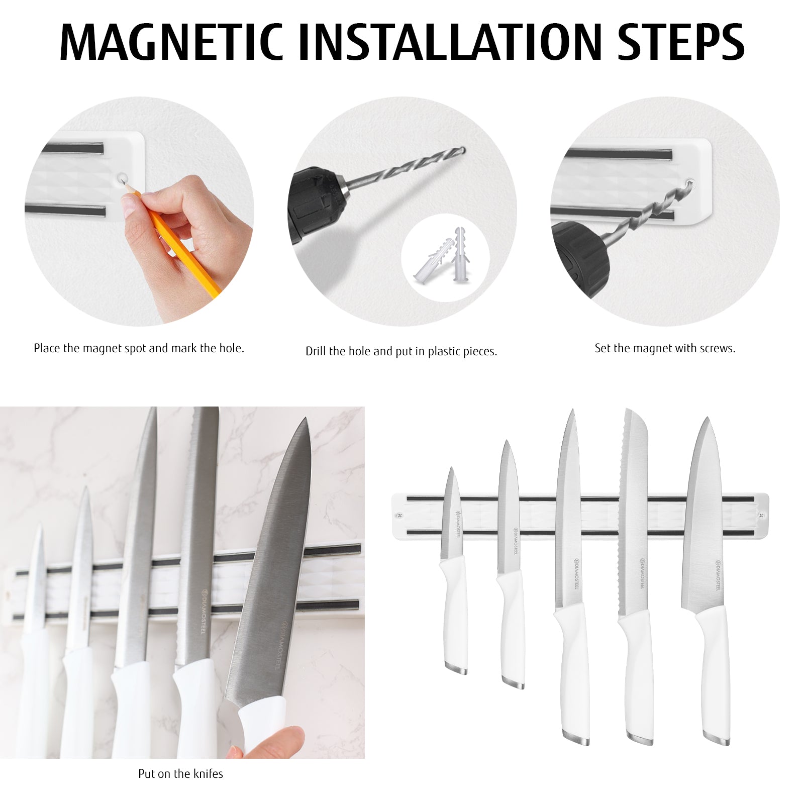 Diamosteel Kitchen Knife Set, 6PCS Knives Set for Kitchen with Knife Magnetic Strip, High Carbon Stainless Steel Chef Knife Set with Magnetic Knife Holder for Wall - White