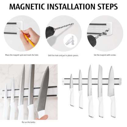 Diamosteel Kitchen Knife Set, 6PCS Knives Set for Kitchen with Knife Magnetic Strip, High Carbon Stainless Steel Chef Knife Set with Magnetic Knife Holder for Wall - White