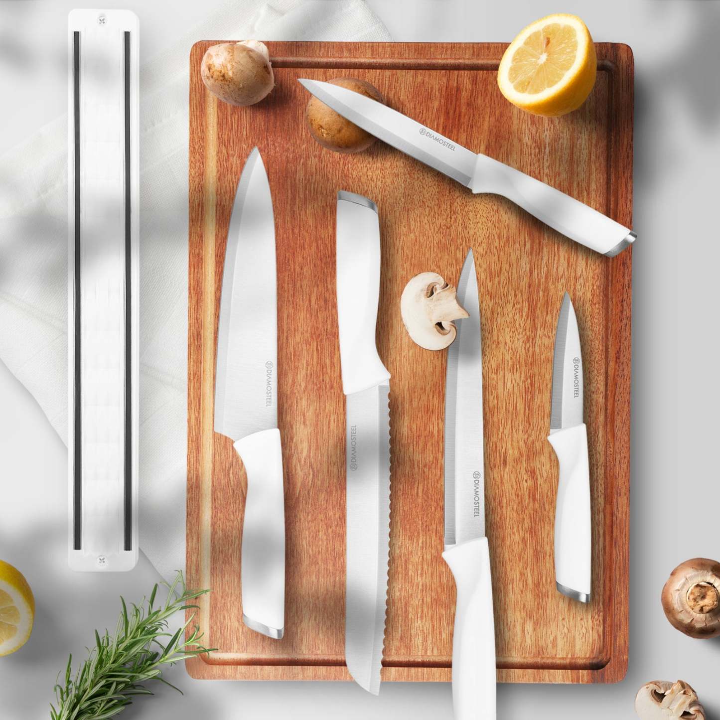 Diamosteel Kitchen Knife Set, 6PCS Knives Set for Kitchen with Knife Magnetic Strip, High Carbon Stainless Steel Chef Knife Set with Magnetic Knife Holder for Wall - White