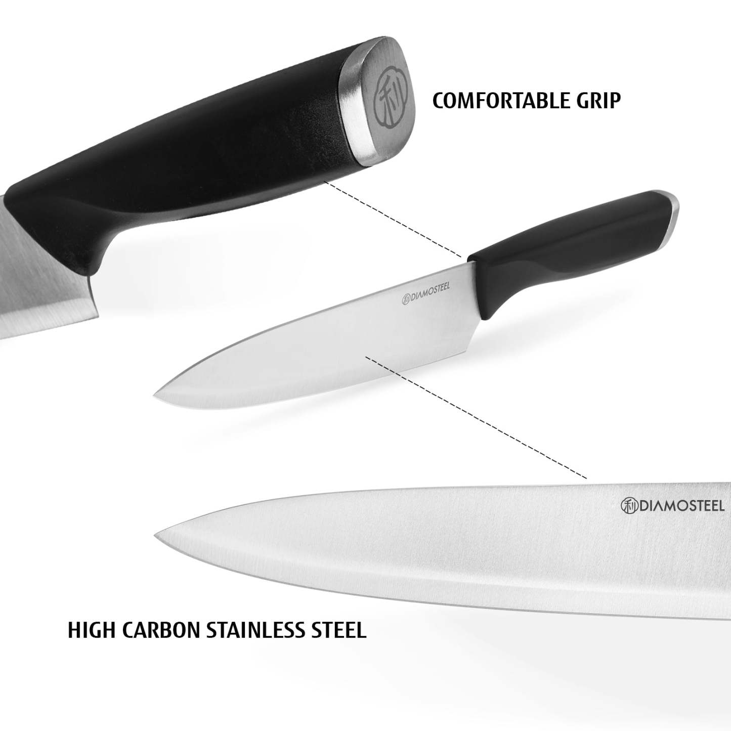 Diamosteel Kitchen Knife Set, 6PCS Knives Set for Kitchen with Knife Magnetic Strip, High Carbon Stainless Steel Chef Knife Set with Magnetic Knife Holder for Wall - Black