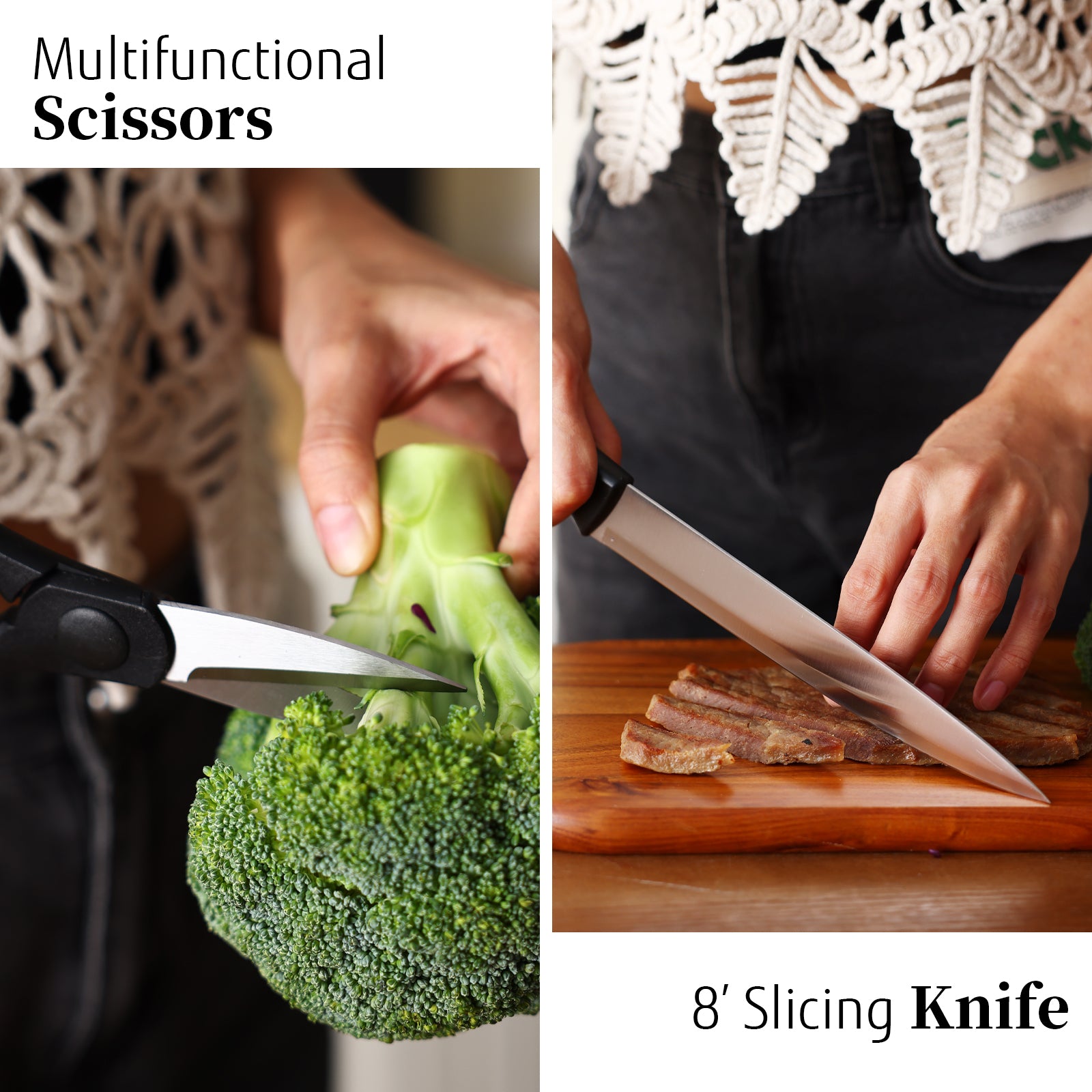 Black Knife Set with Block, 7 Pieces Sharp Knife Block Set with Stainless Steel Blade and Ergonomic Handle, Chef, Slicing, Bread, Utility, Paring Knife, Kitchen Scissors and Wooden Block