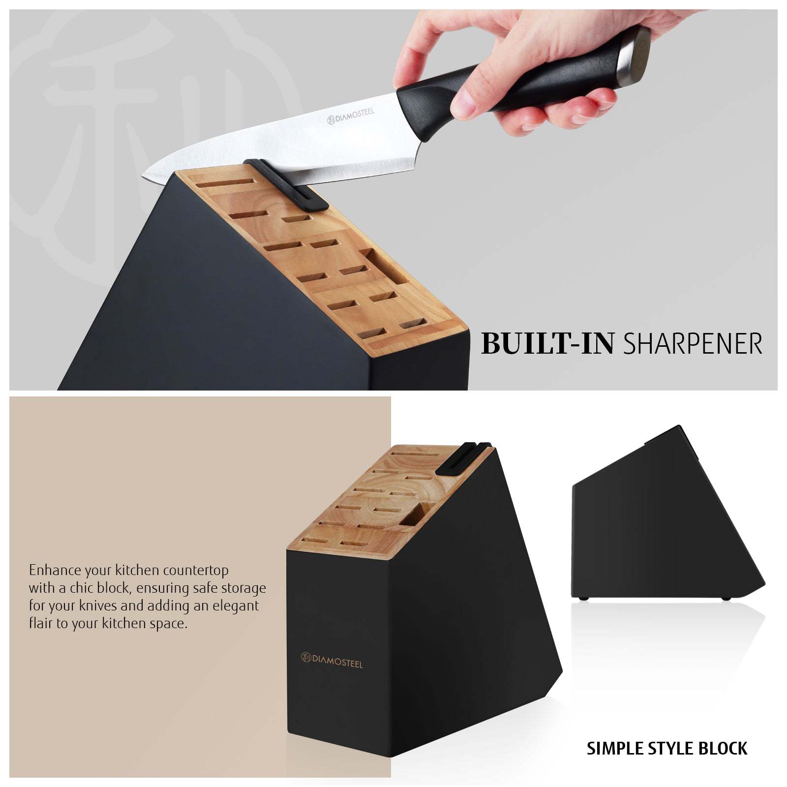 diamosteel 13 Piece Kitchen Knife Set with Block Wooden, Knife Set for Kitchen with Built in Sharpener Scissors, Stainless Steel Knife Set Gift for Mom Dad (Black)